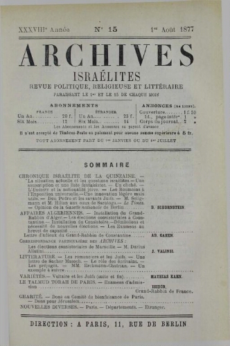 Archives israélites de France. Vol.38 N°15 (01 août 1877)